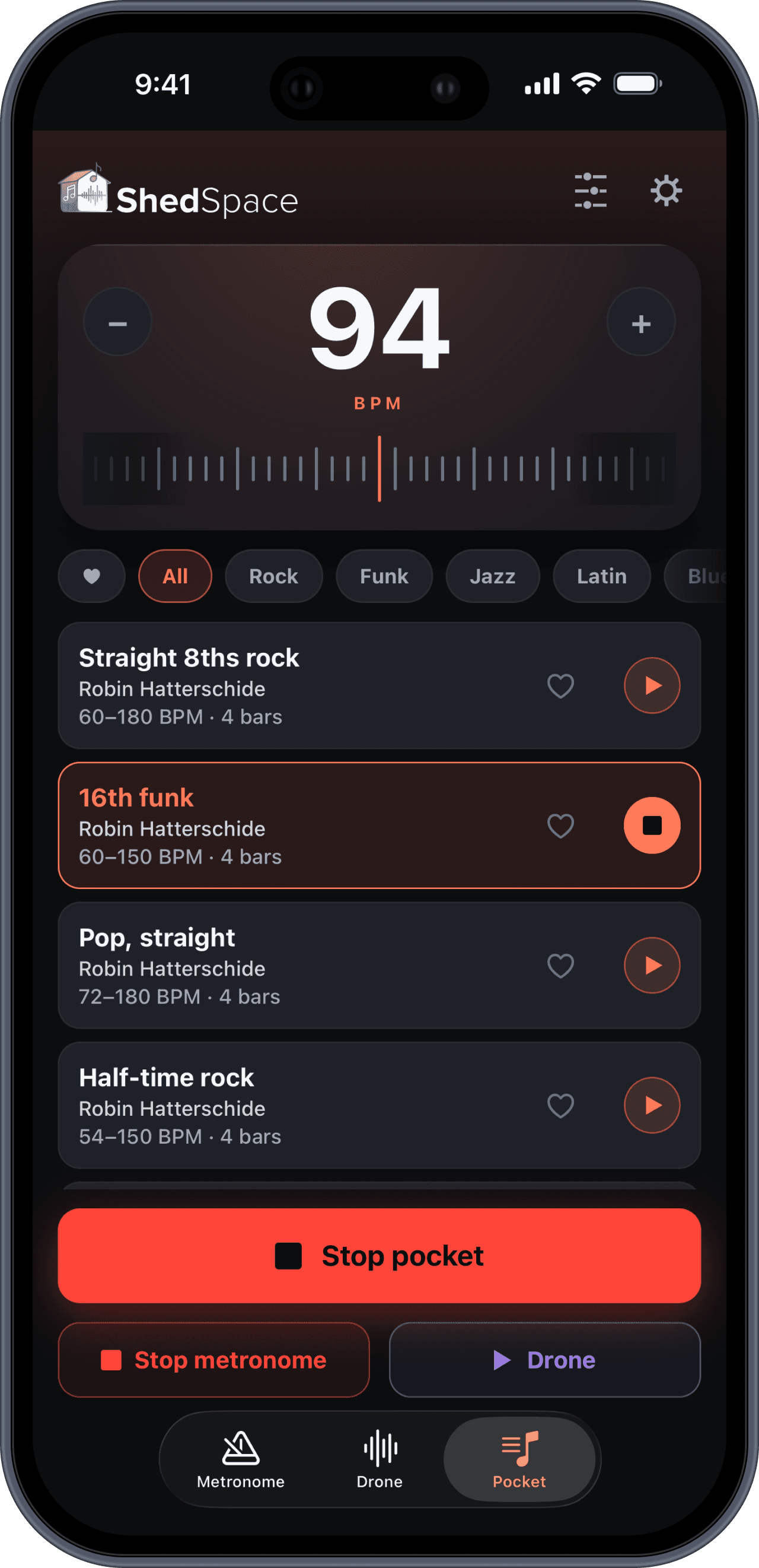 Pocket drummer running in ShedSpace on iPhone