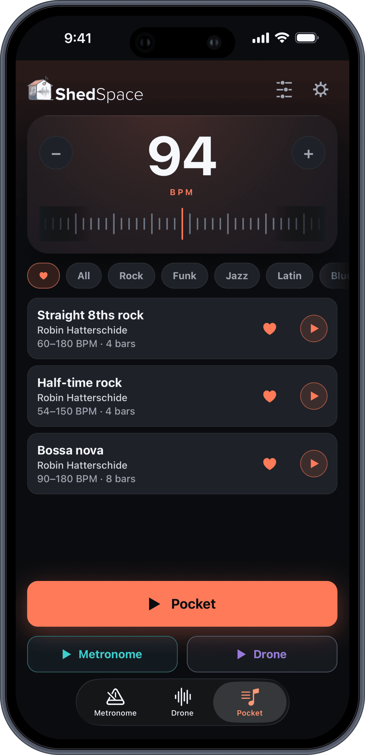 Pocket drummer favorites in ShedSpace on iPhone